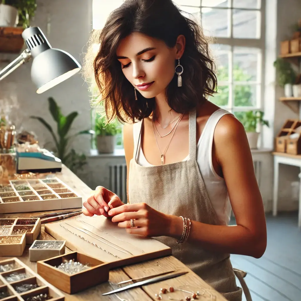 DALL·E 2025-04-19 18.07.08 - A creative woman in her early 30s representing a jewelry brand owner, making jewelry at her workbench in a bright, modern studio. She has medium-lengt (1)